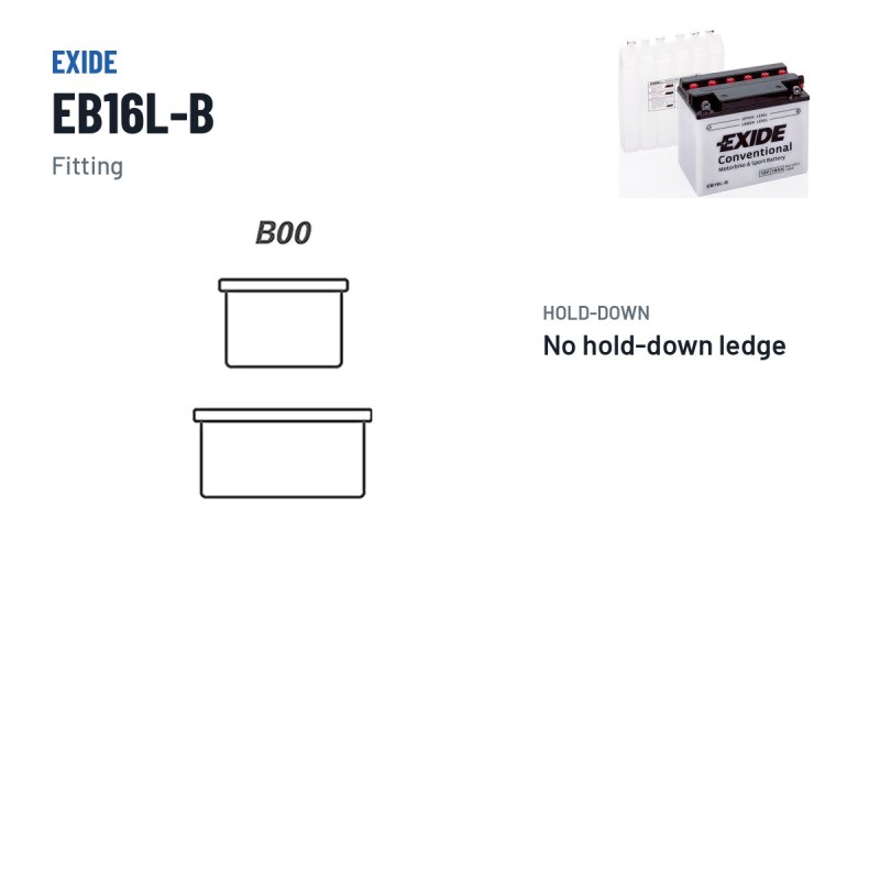Motorcycle battery Exide EB16L-B 12V 19Ah 190A – terminal and hold-down