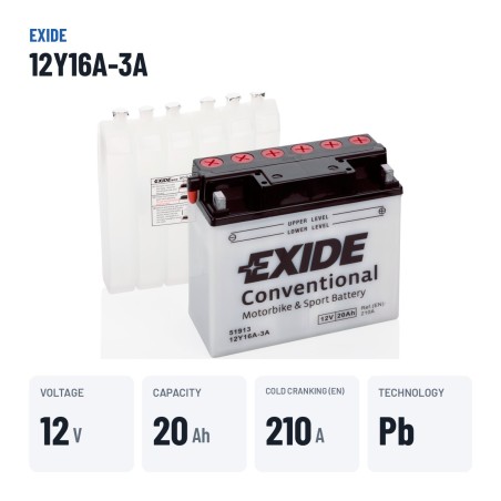 Motorradbatterie Exide 12Y16A-3A 12V 20Ah 210A – wichtigste Daten