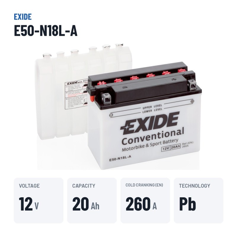 Batería de moto Exide E50-N18L-A 12V 20Ah 260A – datos clave