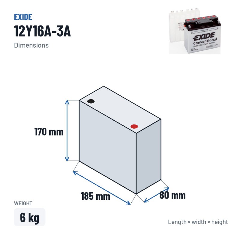 Bateria de mota Exide 12Y16A-3A 12V 20Ah 210A – medidas 185 × 80 × 170 mm