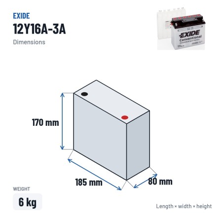 Bateria de mota Exide 12Y16A-3A 12V 20Ah 210A – medidas 185 × 80 × 170 mm