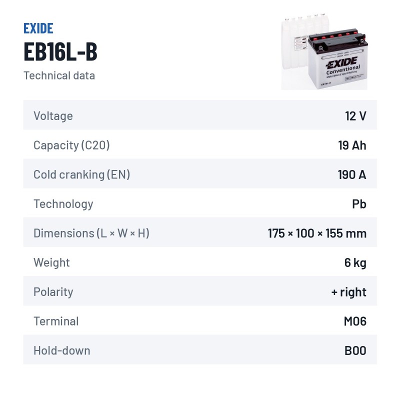 Motorcycle battery Exide EB16L-B 12V 19Ah 190A – technical data