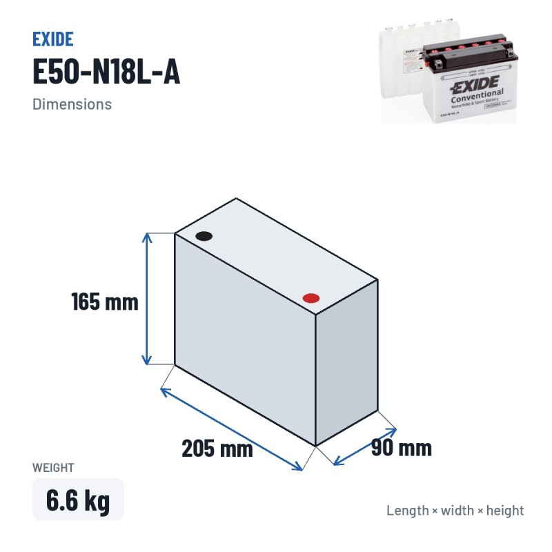 Batería de moto Exide E50-N18L-A 12V 20Ah 260A – medidas 205 × 90 × 165 mm