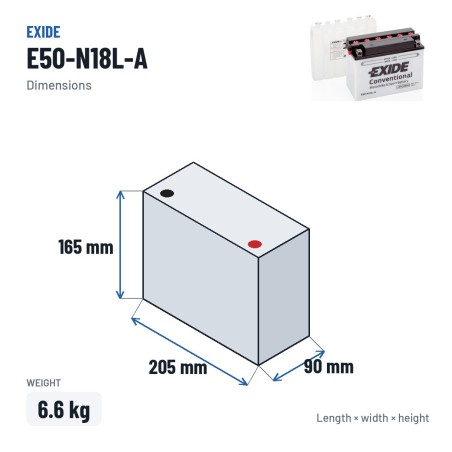 Batterie moto Exide E50-N18L-A 12V 20Ah 260A – dimensions 205 × 90 × 165 mm