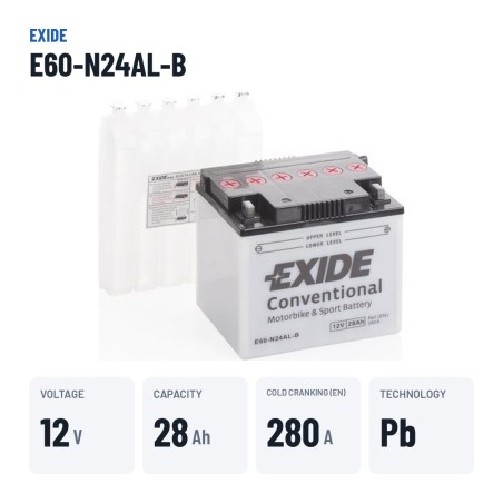 Batterie moto Exide E60-N24AL-B 12V 28Ah 280A – caractéristiques clés