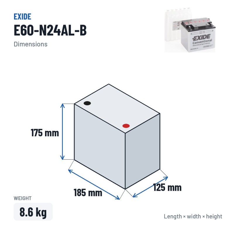 Batería de moto Exide E60-N24AL-B 12V 28Ah 280A – medidas 185 × 125 × 175 mm