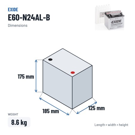 Batería de moto Exide E60-N24AL-B 12V 28Ah 280A – medidas 185 × 125 × 175 mm