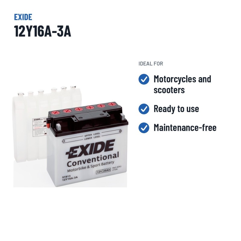 Motorradbatterie Exide 12Y16A-3A 12V 20Ah 210A – empfohlene Einsatzbereiche