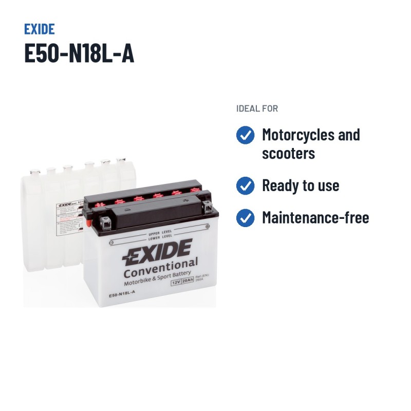 Batería de moto Exide E50-N18L-A 12V 20Ah 260A – usos recomendados