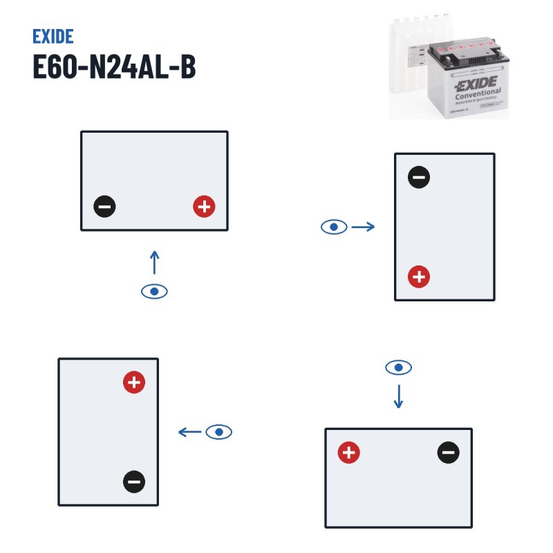 Batterie moto Exide E60-N24AL-B 12V 28Ah 280A – polarité (schéma 0, + à droite)
