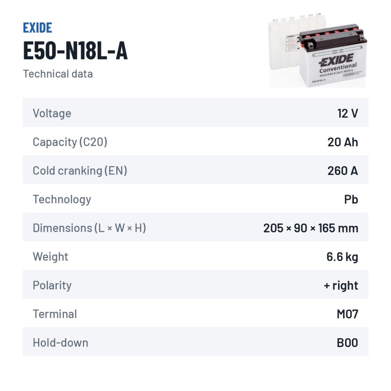 Batterie moto Exide E50-N18L-A 12V 20Ah 260A – fiche technique