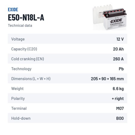 Batería de moto Exide E50-N18L-A 12V 20Ah 260A – ficha técnica