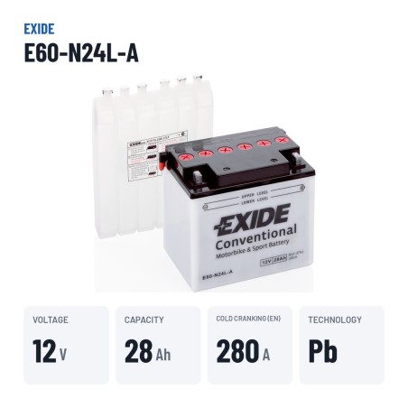 Motorradbatterie Exide E60-N24L-A 12V 28Ah 280A – wichtigste Daten