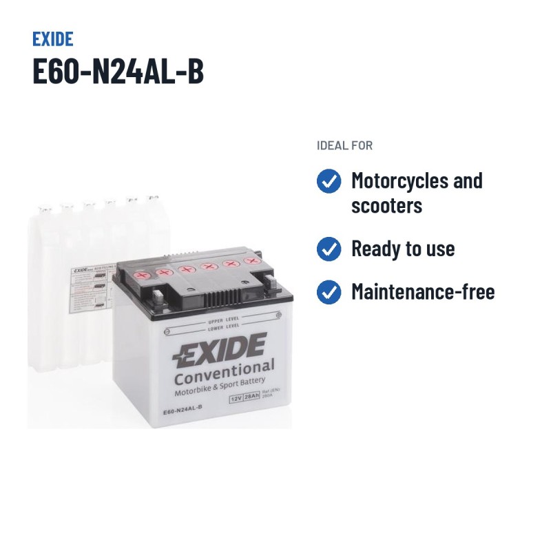 Batterie moto Exide E60-N24AL-B 12V 28Ah 280A – utilisations recommandées