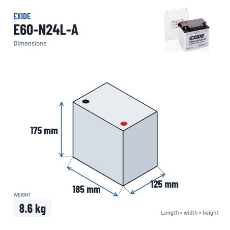 Motorradbatterie Exide E60-N24L-A 12V 28Ah 280A – Abmessungen 185 × 125 × 175 mm