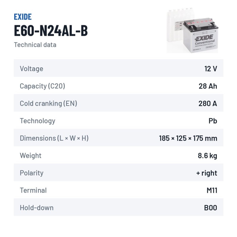 Batterie moto Exide E60-N24AL-B 12V 28Ah 280A – fiche technique