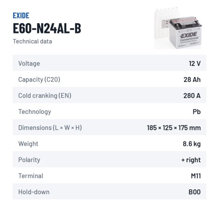 Batería de moto Exide E60-N24AL-B 12V 28Ah 280A – ficha técnica