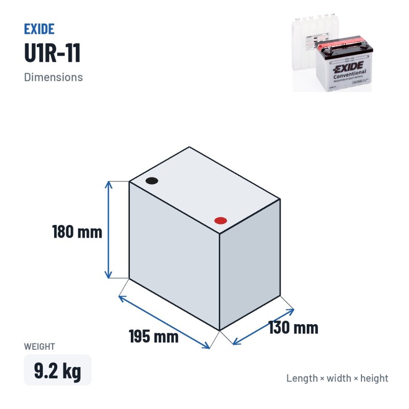 Rasenmäher-Batterie Exide U1R-11 12V 30Ah 300A – Abmessungen 195 × 130 × 180 mm