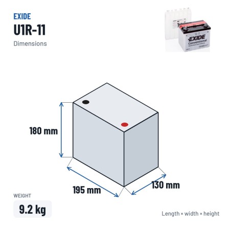 Rasenmäher-Batterie Exide U1R-11 12V 30Ah 300A – Abmessungen 195 × 130 × 180 mm