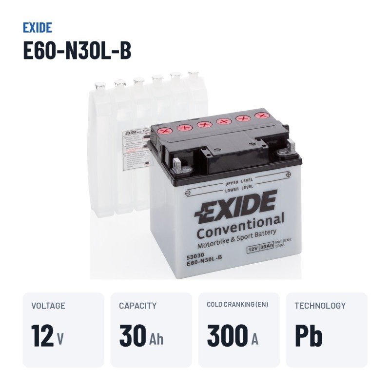 Bateria de mota Exide E60-N30L-B 12V 30Ah 300A – dados principais
