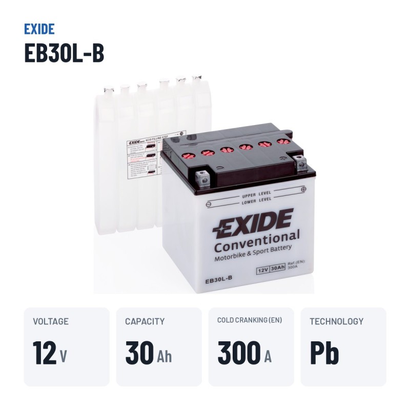 Bateria de mota Exide EB30L-B 12V 30Ah 300A – dados principais
