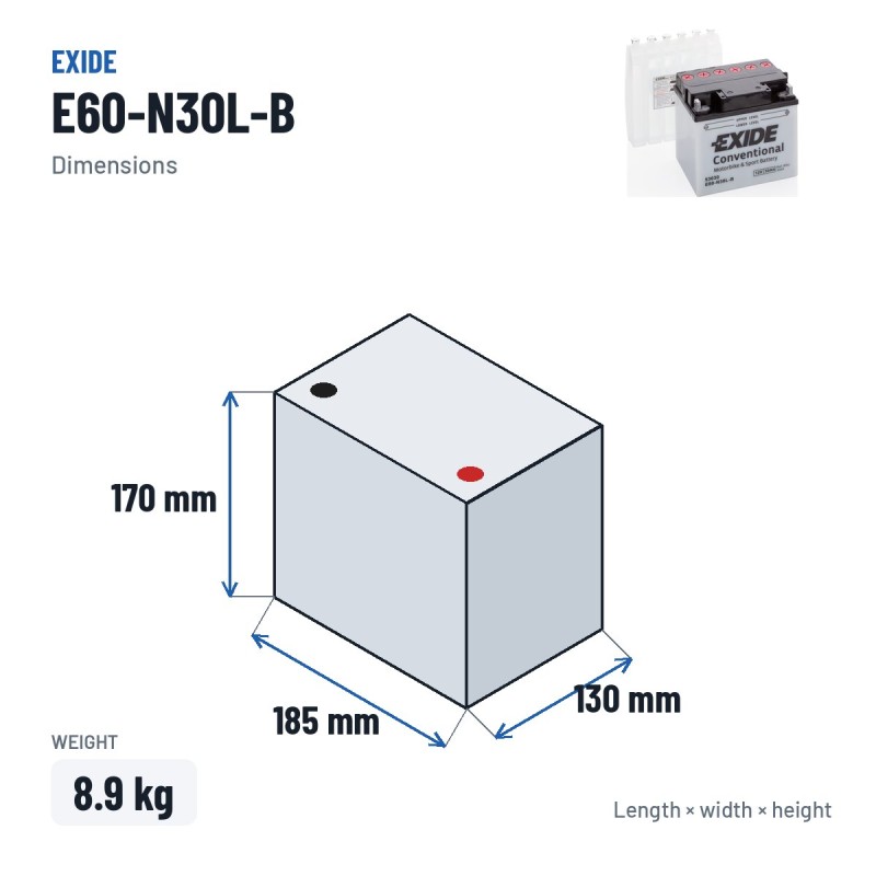 Motorcycle battery Exide E60-N30L-B 12V 30Ah 300A – dimensions 185 × 130 × 170 mm