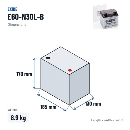 Bateria de mota Exide E60-N30L-B 12V 30Ah 300A – medidas 185 × 130 × 170 mm