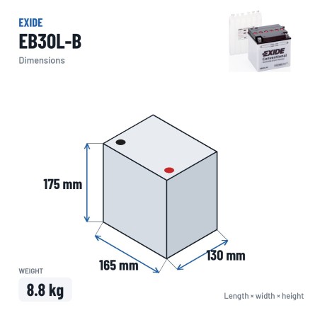 Motorradbatterie Exide EB30L-B 12V 30Ah 300A – Abmessungen 165 × 130 × 175 mm