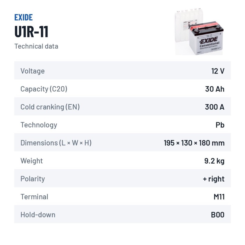 Rasenmäher-Batterie Exide U1R-11 12V 30Ah 300A – technische Daten