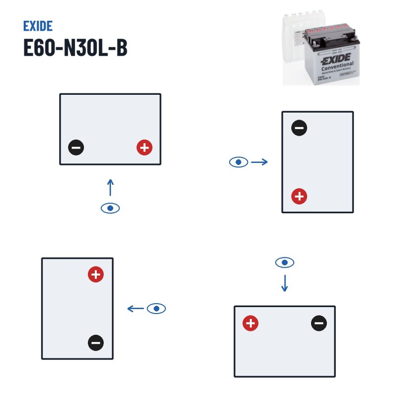 Motorcycle battery Exide E60-N30L-B 12V 30Ah 300A – polarity (layout 0, + right)