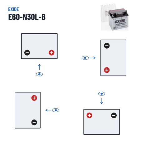 Bateria de mota Exide E60-N30L-B 12V 30Ah 300A – polaridade (esquema 0, + direita)