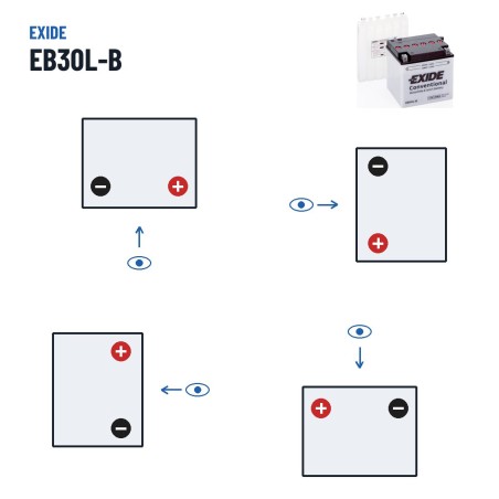 Bateria de mota Exide EB30L-B 12V 30Ah 300A – polaridade (esquema 0, + direita)