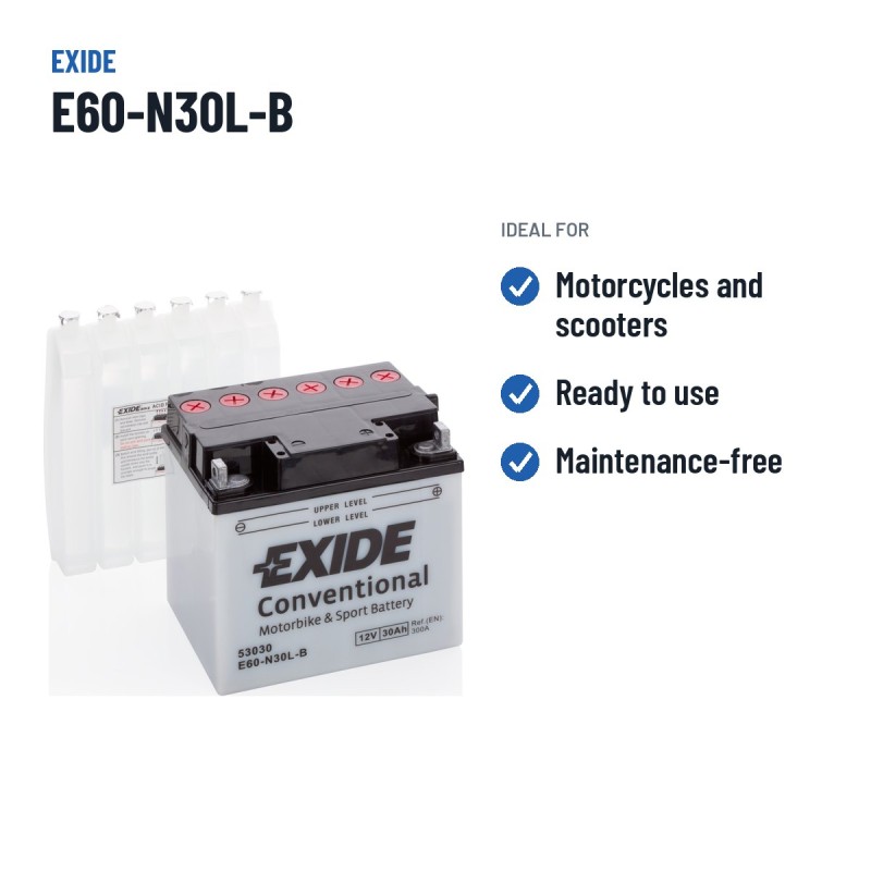 Bateria de mota Exide E60-N30L-B 12V 30Ah 300A – utilizações recomendadas