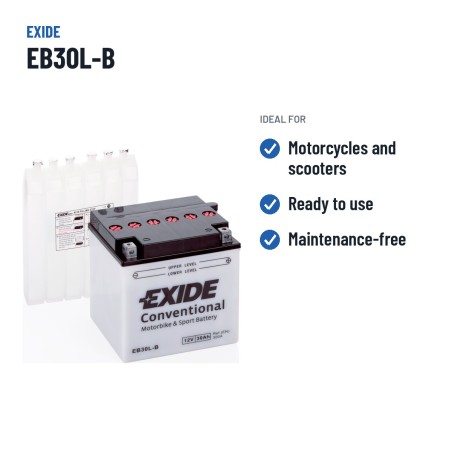 Bateria de mota Exide EB30L-B 12V 30Ah 300A – utilizações recomendadas
