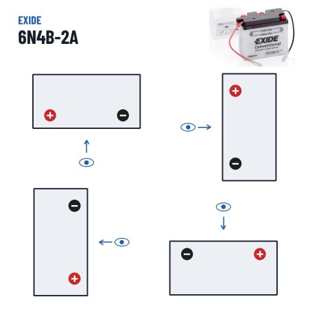 Motorradbatterie Exide 6N4B-2A 6V 4Ah 35A – Polarität (Schaltung 1, + links)