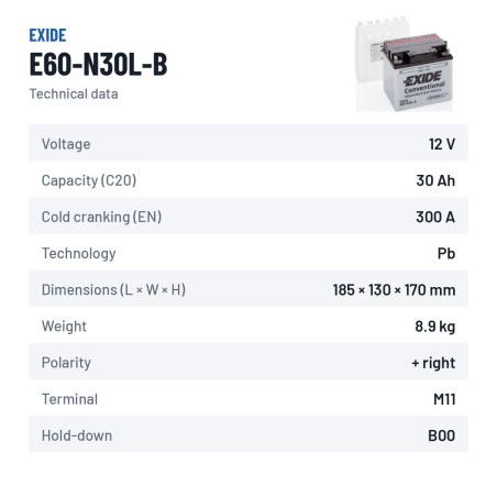 Bateria de mota Exide E60-N30L-B 12V 30Ah 300A – ficha técnica