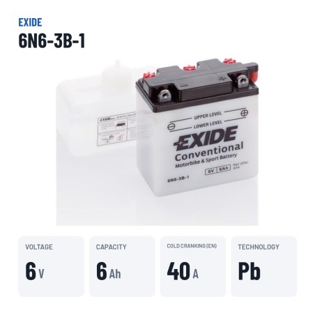Bateria de mota Exide 6N6-3B-1 6V 6Ah 40A – dados principais