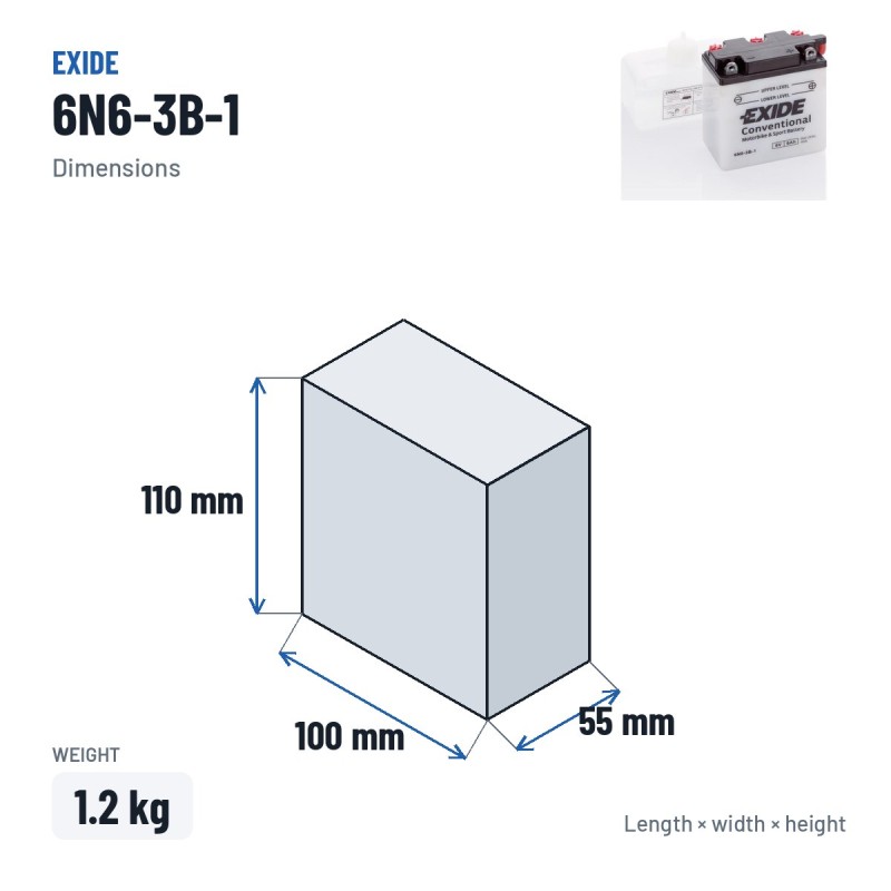 Bateria de mota Exide 6N6-3B-1 6V 6Ah 40A – medidas 100 × 55 × 110 mm
