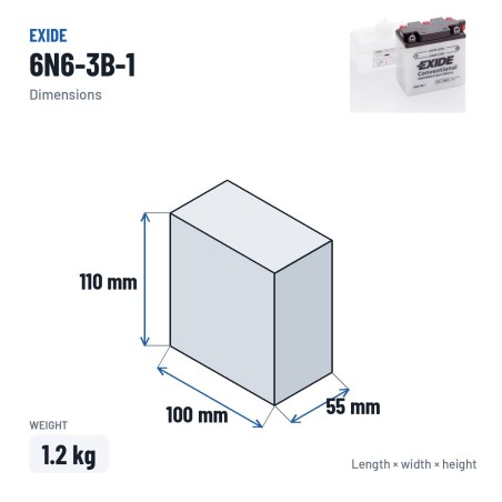Bateria de mota Exide 6N6-3B-1 6V 6Ah 40A – medidas 100 × 55 × 110 mm