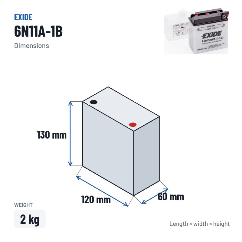 Batteria moto Exide 6N11A-1B 6V 11Ah 95A – dimensioni 120 × 60 × 130 mm