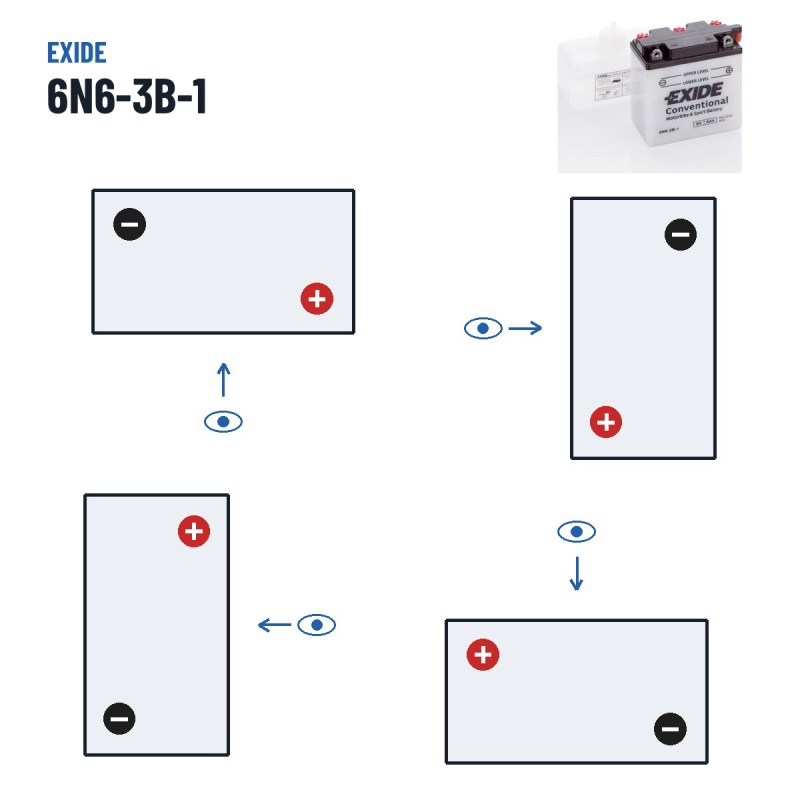 Bateria de mota Exide 6N6-3B-1 6V 6Ah 40A – polaridade (esquema 2)