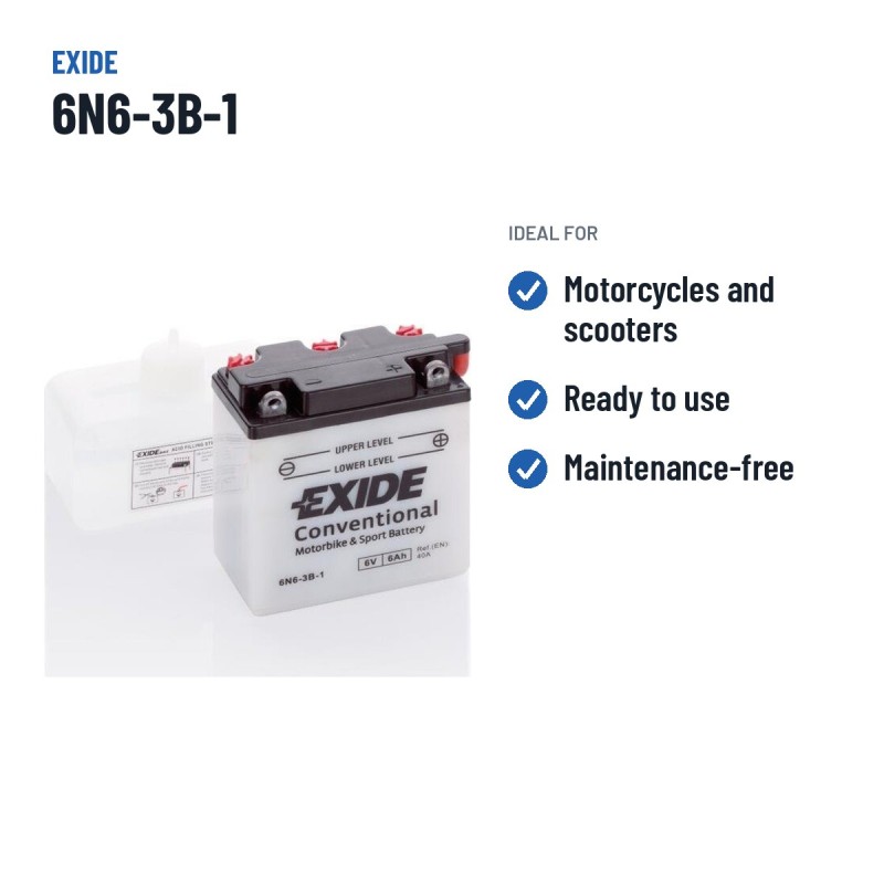 Bateria de mota Exide 6N6-3B-1 6V 6Ah 40A – utilizações recomendadas