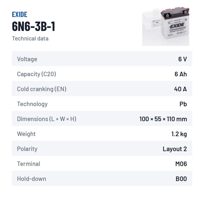 Bateria de mota Exide 6N6-3B-1 6V 6Ah 40A – ficha técnica