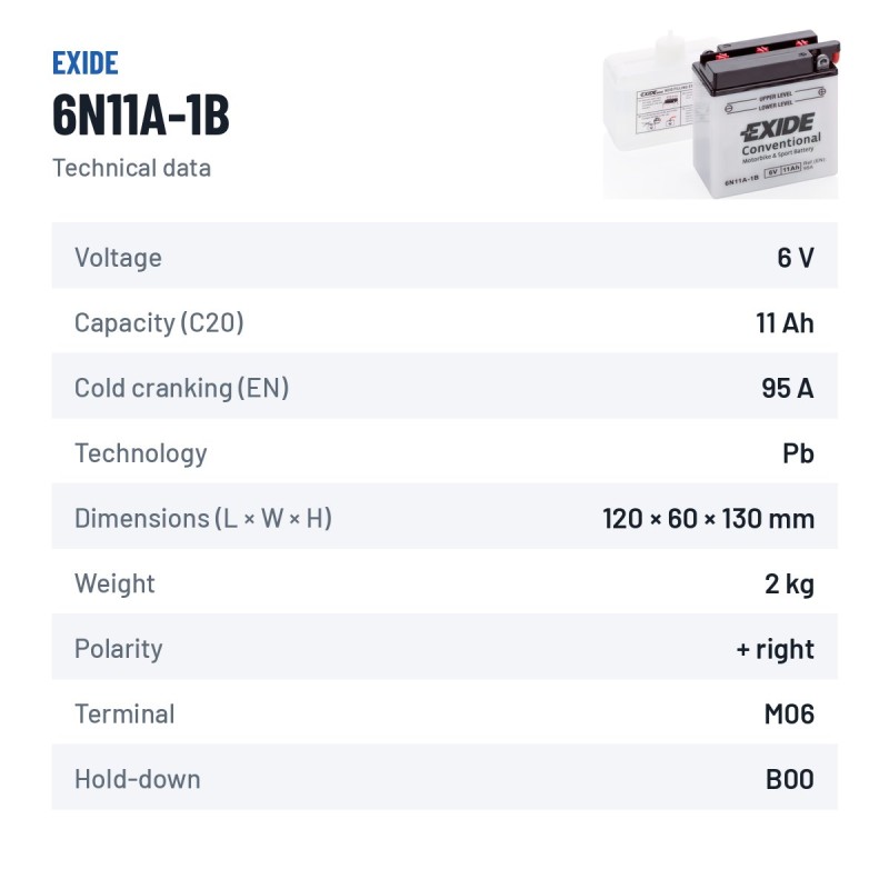 Batteria moto Exide 6N11A-1B 6V 11Ah 95A – scheda tecnica