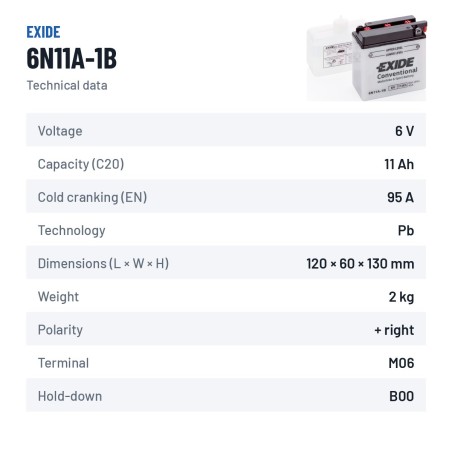 Batteria moto Exide 6N11A-1B 6V 11Ah 95A – scheda tecnica