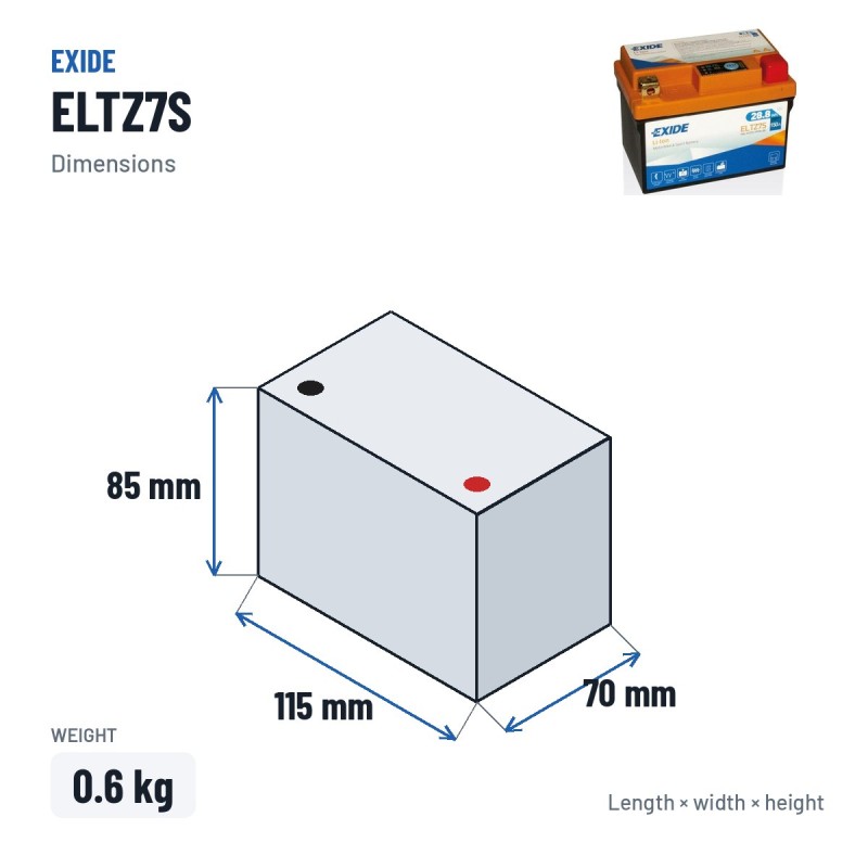 Motorradbatterie Exide ELTZ7S 12V 2Ah 150A Li-Ion – Abmessungen 115 × 70 × 85 mm