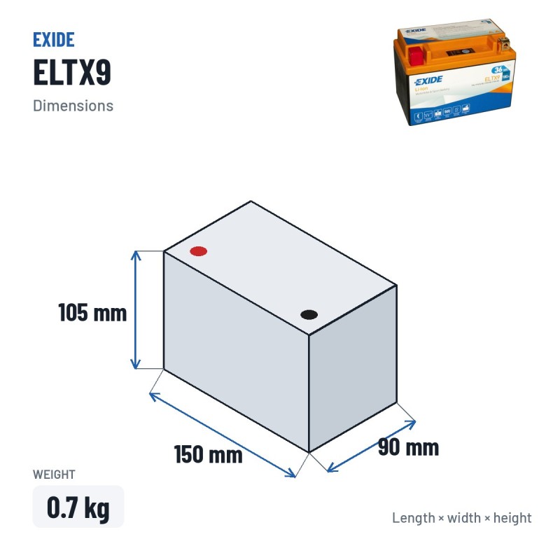Batteria moto Exide ELTX9 12V 3Ah 180A Li-Ion – dimensioni 150 × 90 × 105 mm