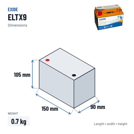 Batteria moto Exide ELTX9 12V 3Ah 180A Li-Ion – dimensioni 150 × 90 × 105 mm