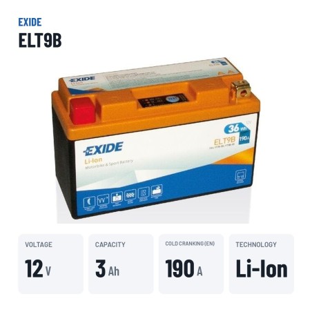 Batería de moto Exide ELT9B 12V 3Ah 190A Li-Ion | baterias.com