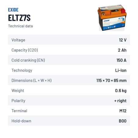 Bateria de mota Exide ELTZ7S 12V 2Ah 150A Li-Ion – ficha técnica